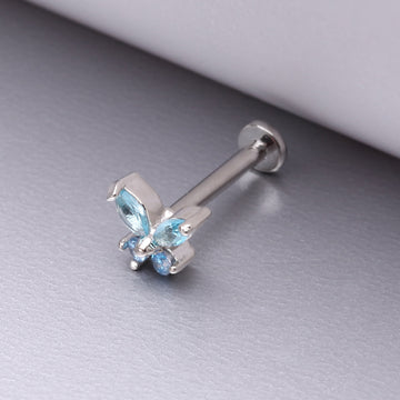 Detail View 1 of Butterfly Sparkle Prong Set Top Internally Threaded Steel Flat Back Stud Labret-Aqua